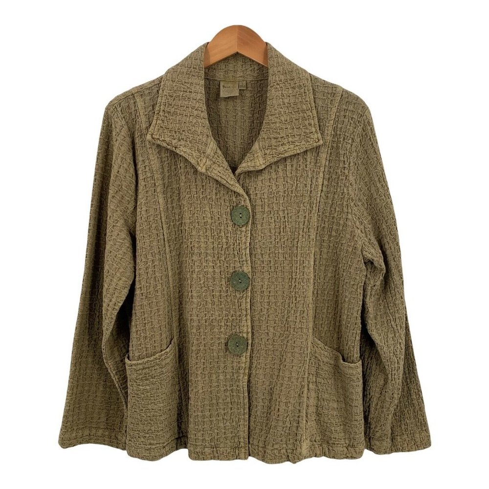 FOCUS Moss Green Waffle Textured Cotton Casual Jacket Size Large Lagenlook